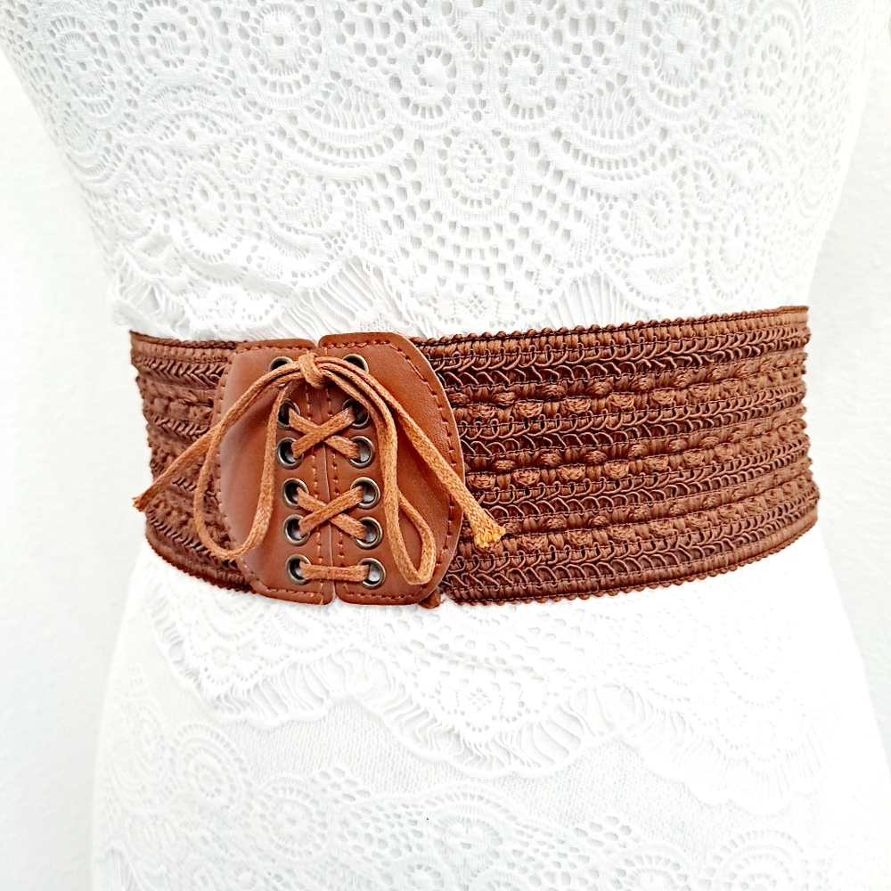 Lace up boho Brown woven corset wide elastic stretch vintage style waist belt - Picture 12 of 14